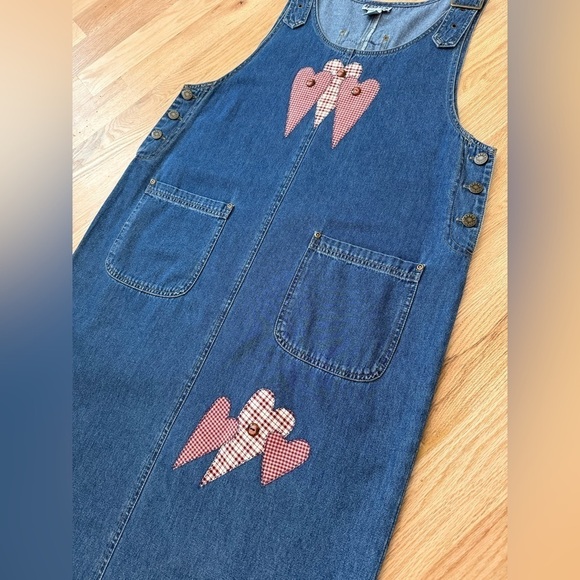 Vintage Haik's Denim Modest Patchwork Hearts Maxi Dress Buckle Straps Sz Large - Picture 10 of 14